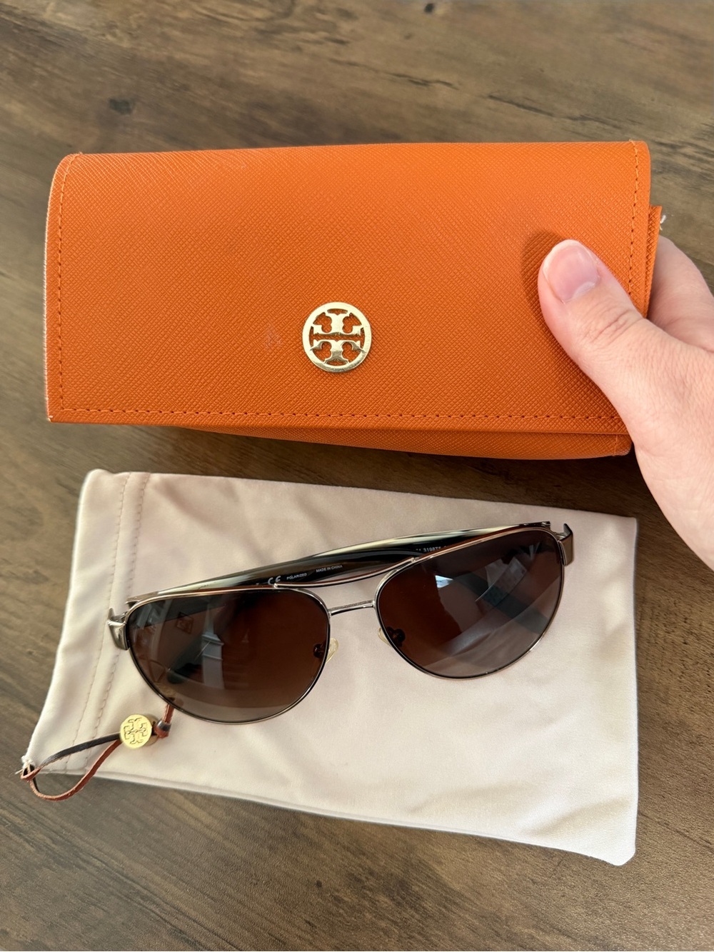 Tory Burch Brown Lens Aviator Sunglasses with Orange Case
